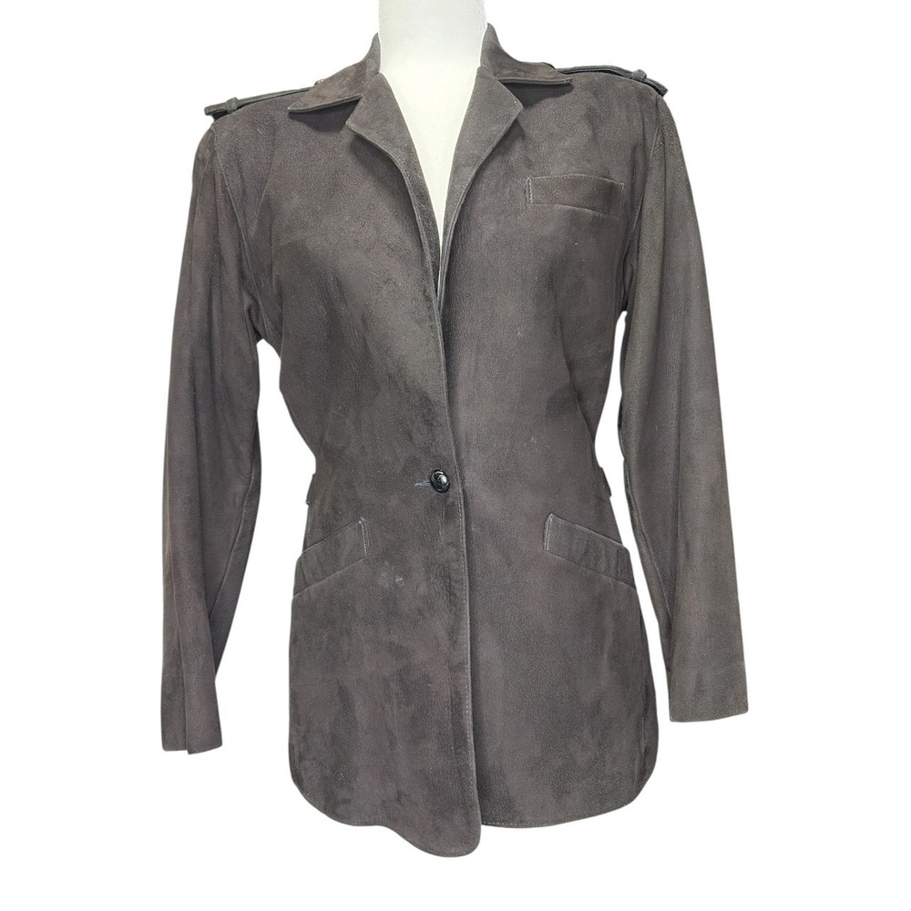 Anne Klein II Vintage 80s Black Suede Leather Military Jacket Epaulettes Size 4